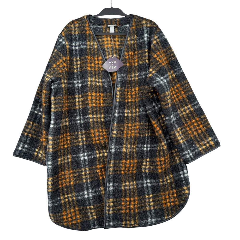 Ava & Viv Plaid Open Front Cardigan Coat Womens 3X Polyester Black Orange